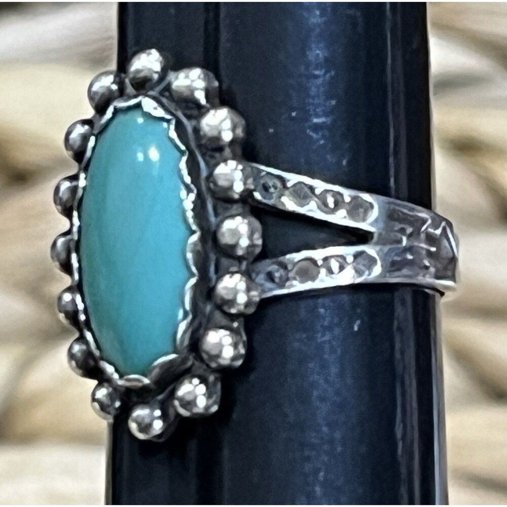 Navajo Sleeping Beauty Turquoise Sterling Silver Ring Sz 6.75 Beaded Stamped - Picture 5 of 6